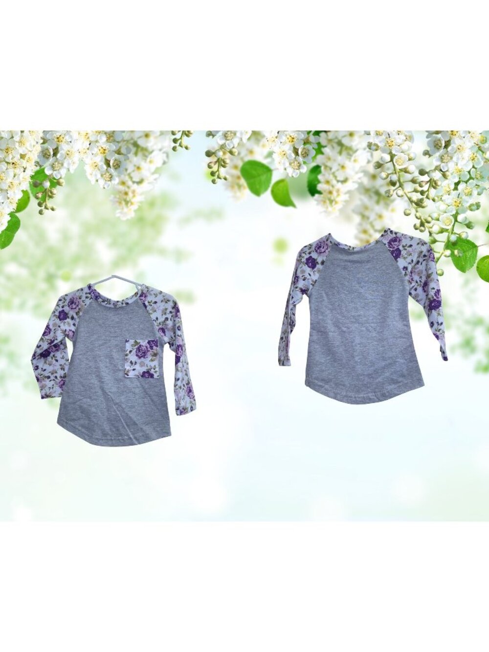 White Purple Gray Floral 3/4 Sleeve Pocket Shirt 18 - 24 Months